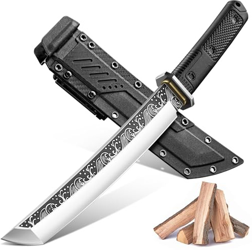 Purple Dragon Tanto Messer Japan - Outdoor Messer D2 Stahl - G10 Griff | 6mm Klingenrücken, Ozeanwellen-Gravuren, G10 Griff, Aus einem Stück D2 Stahl handgeschmiedet, Geschenk für Männer