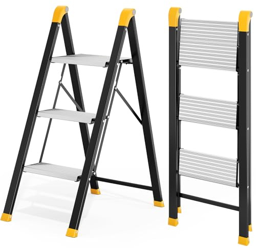 KINGRACK Trittleiter 3 Stufen Klappbar, Tritthocker aus Aluminium & Stahl | Klapptritt mit Breite rutschfeste Pedale, Sicherheitsverriegelung, bis 150kg, für Haushalt, Küche, Garage, Wohnmobil, Schwarz