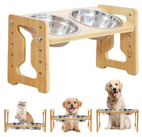 Nimblyne Gamelle en bois antidérapante réglable en hauteur pour chien : 9 hauteurs réglables, gamelles surélevées pour chien avec structure et 2 bols en acier inoxydable pour chiens et chats
