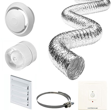 AirTech-UK 4 Inline Bathroom Extractor Fan Timer Full Kit + PIR Motion Sensor Switch+Timer