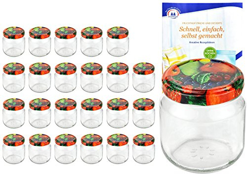 MamboCat 24er Set Rundgläser 212 ml nieder Deckelfarbe Obst Dekor to 66 inkl. Diamant Gelierzauber Rezeptheft, Marmeladengläser, Einmachgläser, Einweckgläser, Gläser