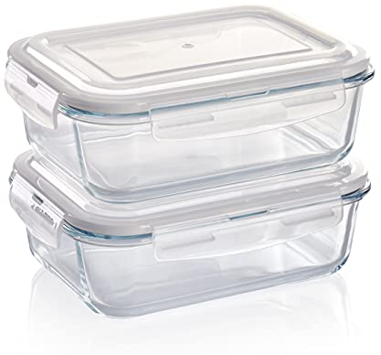 Grizzly Glas Frischhaltedosen, Set 2x 1520 ml, luftdicht, rechteckig, Click-Verschluss, vielseitige Vorratsdosen für Ofen, Mikrowelle, Gefrierfach