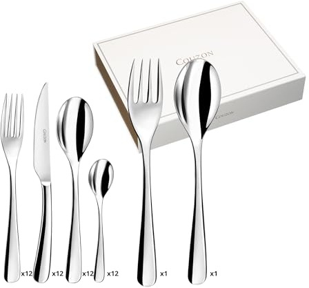 COUZON - Ménagère 50 couverts de table en coffre bois pour 12 personnes - Haikou - Acier inoxydable 18/10, Finition Miroir, Epaisseur 3.5 mm - Inox