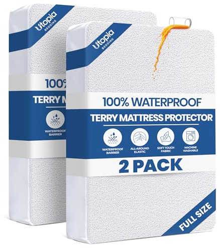 Full Size Mattress Protector Waterproof 2 Pack, Premium 200 GSM Terry Mattress Cover, Soft & Breathable Bed Cover, Fitted Sheet Style Stretchable Deep Pockets 15 by Utopia Bedding (White)