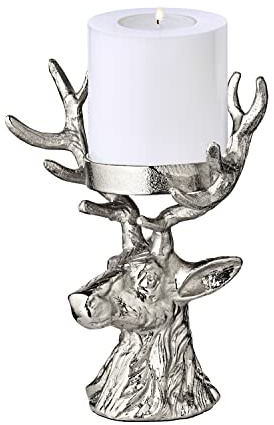 EDZARD Kerzenhalter Hirsch (H 20 cm, L 18 x B 11 cm), Silber-Optik | Kerzenständer für Stumpenkerzen Ø 6 cm · Kerzenständer und Kerzenleuchter · Hirschfigur mit Samtfuß in Silber