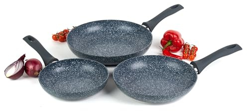 Russell Hobbs COMBO-4837A Non-Stick Frying Pans, 20/24/28 cm, 3 Piece Set, Induction Hob Suitable, Nightfall Stone Collection, Dual Layer Coating, Cook with Less Oil, Soft Bakelite Handles