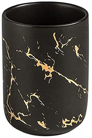 FülleMore Marmor Optik Rund Zahnputzbecher Zahnbürsten Tassen Badezimmerbecher Zahnbürstenbecher 10.5x7.5cm 300ml Keramik Zahnbürstenhalter für Bad, Zahnbürste, Zahnpasta (Schwarz)