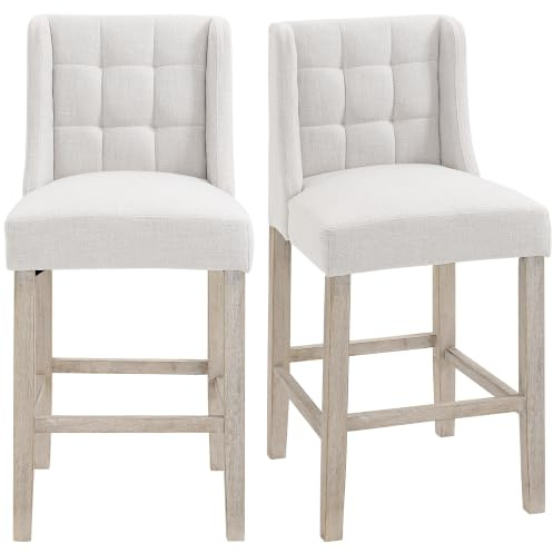 HOMCOM Barhocker mit Rückenlehne für Küche 2er-Set Beige 47 x 50 x 101 cm | Moderne Küchenstühle, Bistrohocker, Barstühle, Tresenhocker, Leinen-Touch, Gummiholz