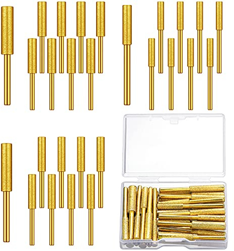 Chumia 30 Pcs Diamond Chainsaw Sharpener Stone Bit High Hardness Chainsaw Sharpening Titanium Plated Wheels Grinding Tool for Electric Chain Saw Jewelry Stone, 5/32, 3/16, 7/32 Inches (Gold)
