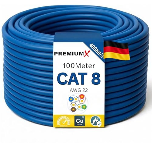 PremiumX 100m CAT 8 Verlegekabel | 40Gbit 2000MHz | S/FTP PIMF AWG22 Reinkupfer | Eca LSZH FRNC Halogenfrei | Profi LAN Netzwerk Datenkabel Simplex