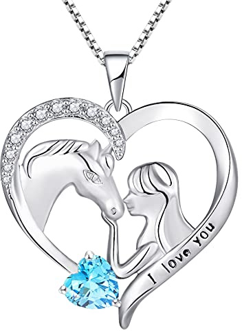 YL Collar de Caballo Plata de Ley 925 Marzo Piedra Natal Azul Aguamarina Joyas con Colgante Corazón de Caballo para Mujer y Novia