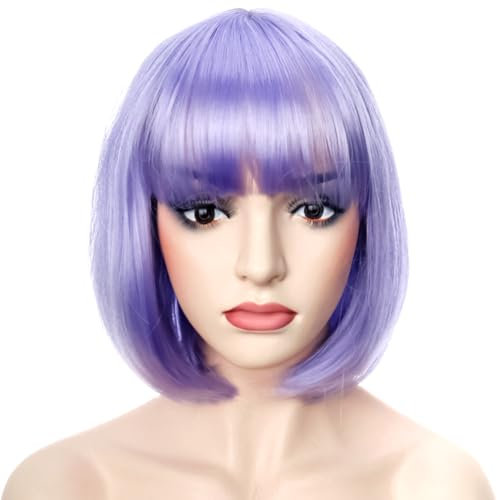 PORSMEER Perruque Bob Carré court Frange Perruques Naturelle Synthétiques résistant à la chaleur pour les femmes cosplay fête coloré Violet clair