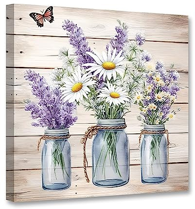 CCWACPP Lavendel Gänseblümchen Blumen Leinwanddruck rustikales Blumengemälde Schmetterlings Wandbilder Landhausstil Badezimmer Wanddekoration 60x60 cm