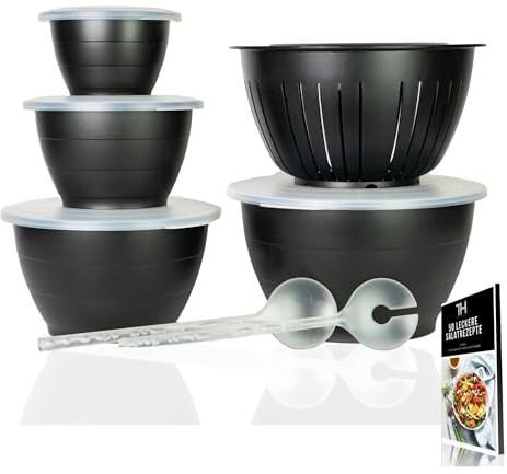Thiru Juego de 6 cuencos para ensalada con tapa - 6 piezas - 0,6 L, 1,3 L, 2,5 L, 4,4 L - con tapa colador - cubiertos para ensalada - sin BPA
