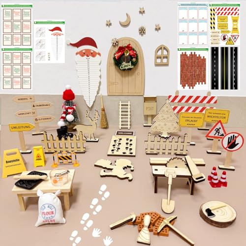 JOYEASE Wichteltür Set, 80PCS Wichtel Zubehör Weihnachten, Wichtel Baustelle Set, Weihnachtswichtel Komplettset inkl. Backset, Wichtelbriefe, Baustelle, Adventsakelnder, Schilder, Schablone