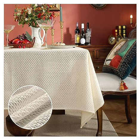 KnSam Tischtuch 135x135CM, Kariert Tischdecken Baumwolle Leinen Tischtuch für Biertisch Tischdekoration für Drinnen Draussen Garten Esszimmer Party und Festen, Weiß