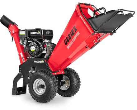 GREENCUT GE212X Biotrituratrice benzina 212cc e 5kw, diametro taglio 100mm, tramoggia grande dimensione, ruote e maniglia per il trasporto
