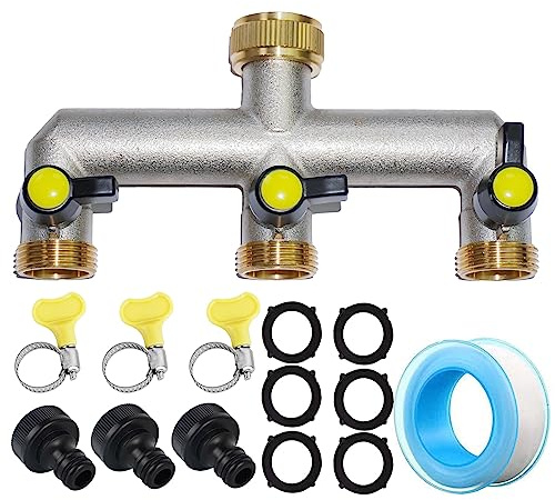 RoseFlower Garden Hose Splitter 3 Way Heavy Duty, Solid Brass Outdoor Faucet Splitter Hose Connector Water Taps Distributor Hose Adapter with Individual On-Off Valve, 6 Rubber Washer, 1 Leakproof Tape
