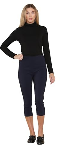 WearAll Cropped Trousers for Women UK Ladies Capri Trouser Summer Pants Short Crop Stretch 3/4 Length Three Quarter Pedal Pusher Clothes Elasticated Bengaline Cut Off Navy Blue 12