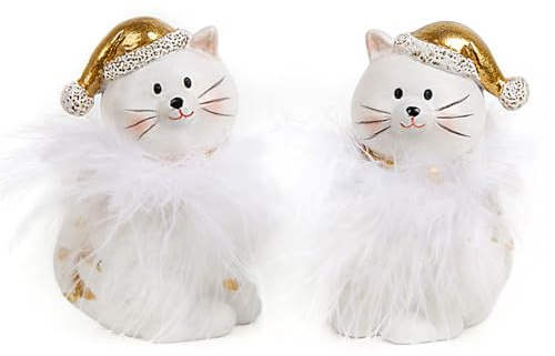 Katzen-Figuren, 2 Stück: Dekofiguren Winterkatzen, Weihnachtsfiguren mit Mütze, Figur Weihnachten & Winter, Weihnachtskatzen zum Hinstellen, Weihnachtsdeko Innen, Deko Fensterbank & Tisch, Weiß, 8 cm