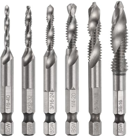 sourcing map 6pcs Combination Drill and Tap Bits, 1/8-40 BSW-3/8-16 BSW Thread 1/4 Hex Shank 6542(M2) High Speed Steel Threading Screw Taps Machine Drilling Tapping Tool Kit