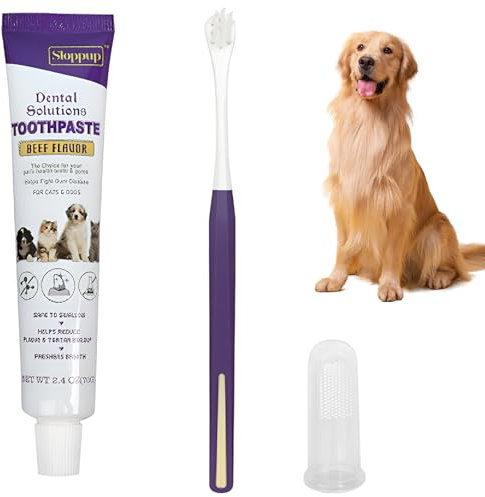 Zahnpasta Hunde Zahnpflege Set(3er Satz) Hundezahnpasta Zahnbürste Hund Hundezahnbürste Kleine für Hunde Erfrischt Den Atem,Reduziert Plaque,Entfernt Zahnstein(Rindfleischgeschmack)
