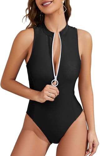 SHEKINI Womens Zip Front One Piece High Neck Tummy Control(Black,XXL)
