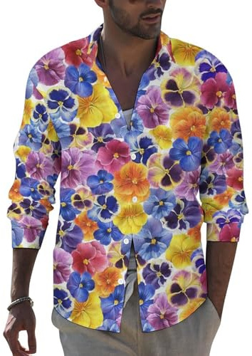 Novastar Long Sleeve Dress Shirts for Men - Garden Tricolor Pansy Flower Slim Fit Button Up Shirt Men Casual Clothing, Style-24, XL