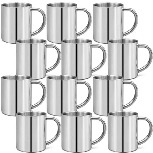 Kaxtde 12 Set 220 ml Stainless Steel Coffee Mug with Handle, Metal Double Walled Camping Cups Bulk, Small Dishwasher Safe Tea Drinking Cup for Home Travel Outdoors RV Use