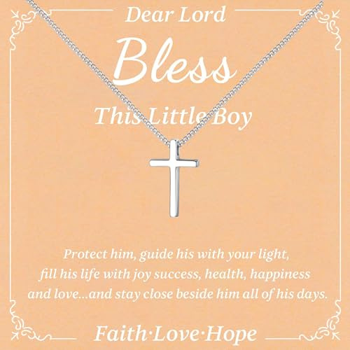 Myfresty 925 Sterling Silver Cross Necklace for Boys - Silver Faith Cross Chain Necklaces for Kids Small Dainty Pendant Jewelry Gifts for Teenager, Easter First Communion Baptism Birthday