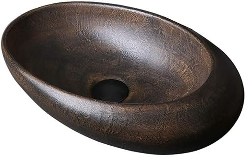CCYENG Vasque de Salle de Bain, Vasque à Poser, Plan de Toilette, Naturel et Durable, Vasque en Forme d'œuf, Style rétro, Vasque en céramique épaisse, marron-48 x 31 cm (Marron 48 x 31 cm