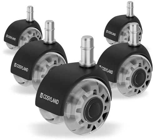 COSYLAND Ruote per sedia ufficio doppie argento trasparente, rotelle scorrevoli e silenziose con movimento fluido a 360°, ideali per parquet e pavimenti duri, 11X22MM