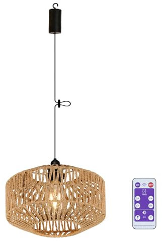 Battery Operated Pendant Light Outdoor Chandelier for Gazebo Hanging Lamp with Remote Timer Powered by 4*AA Batteries Boho Rattan Lampshade LED Lantern for Garden Farmhouse Porch Patio Backyard Decor