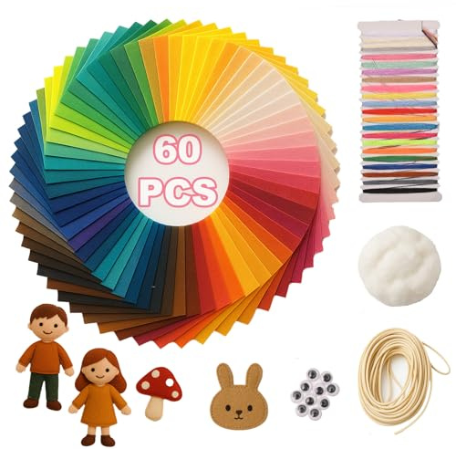 60 Stück Farben Bastelfilz, Bastelfilz 15 × 20 cm, DIY Filz Basteln, mit Farbigem Stickgarn, PP-Baumwolle, Lanyard 10M, Bastelzubehör für Heimwerkerarbeiten, Nähen, Patchwork, Dekoration