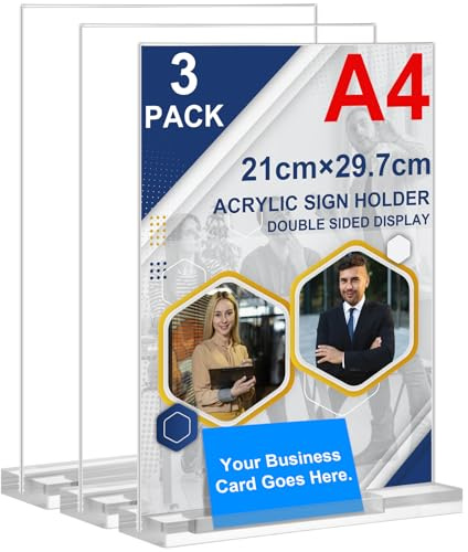 Arrobust Tischaufsteller A4 mit Visitenkartenhalter, 3 Stück Preisschilder Aufsteller Tischständer Doppelseitiger Vertikaler Acryl T-Ständer für Fotorahmen, Heim, Büro, Speisekarte, Messe (A4-3pack)