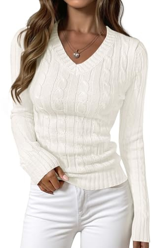 PRETTYGARDEN V Neck Cable Knit Sweaters for Women 2026 Long Sleeve Ribbed Fitted Pullover Tops Business Casual Fall Outfits(White,Small)