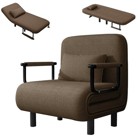 Fabulcozy Schlafsessel 4 in 1 mit Bettfunktion Schlafsofa, Sesse Leinen klappbar Schlafsessel, Schlafsofa mit Metallarmlehnen 100 kg Tragkraft (Marron, 60 x 58 x 78 cm)