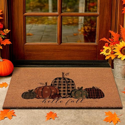 Lanpn Autumn Welcome Natural Coir Door Mat, Hello Fall Pumpkin Coco Front Door Outdoor Doormat Outside Entrance Porch Non Slip Rubber Rug Fall Halloween Thanksgiving Farmhouse Decor 76x43cm