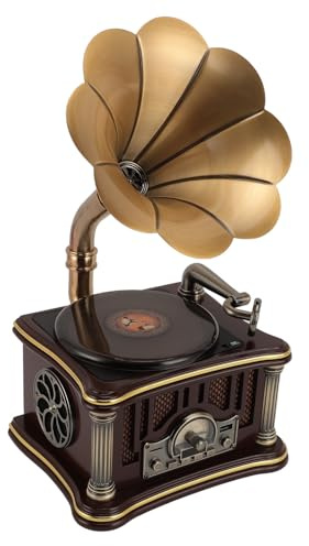 CCYLEZ Vintage Gramophone Bluetooth -Lautsprecher, Retro -CD -Player mit FM -Radio, 2000mAh Aux/USB -Input, für Home Office Room Vintage Decor, 20W (Brown)