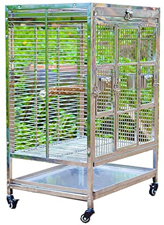 Papageienkäfig aus Edelstahl mit Holzständer, Bodenrolle und Futterbechern, ideal für große Vögel