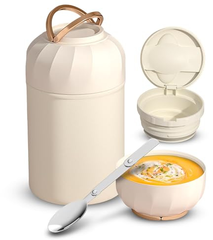 GOMETY Thermobehälter für Essen 850 ml, Edelstahl Warmhaltebehälter mit Löffel Faltbarer, Thermoskanne Essen Auslaufsicher mit Griff, Thermo Lunchbox für Suppe Porridge Schule Arbeit Outdoor(Weiß)