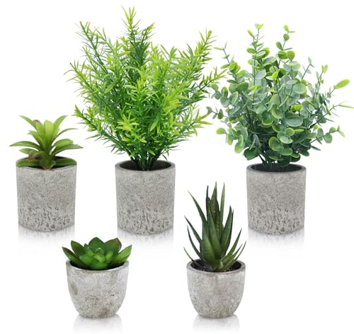 EOPUOZS 5 Stück Kunstpflanze, Rosmarin, langer Eukalyptus, Aloe-vera-Sukkulenten, gezackte Agave, Steinlotus, Künstliche Pflanzen für Home Schlafzimmer Badezimmer Küchen Büro Zimmer Fensterbank