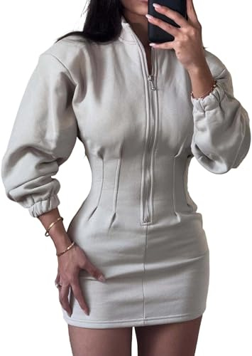 Trendig Sweatshirtklänning För Kvinnor Halsringad Långärmad Halv Dragkedja Med Magkontroll, Sexig Miniklänning För Utekvällar Och Nattklubb(Beige,M)