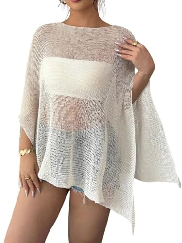 yssgtt Damen-Poncho aus transparentem Strick mit 3/4-Ärmeln, leichtes Oberteil zum Überziehen