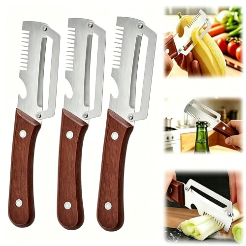 Pelapatate Utensile Multifunzione, 2026 Nuovo Pela Patate Professionale, Pelapatate Acciaio Inox Con Manico in Legno E Apribottiglie per Frutta e Verdura da Cucina (3PCS)