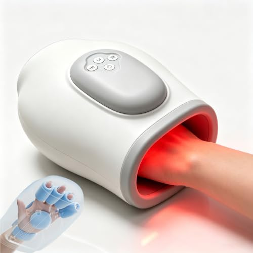Handmassageapparat med värme och kompression för smärtlindring för artros, elektrisk shiatsu handmassage trådlös, 3 lägen och 5 nivåer fingermassageapparat, gåva för kvinnor män familj vänner