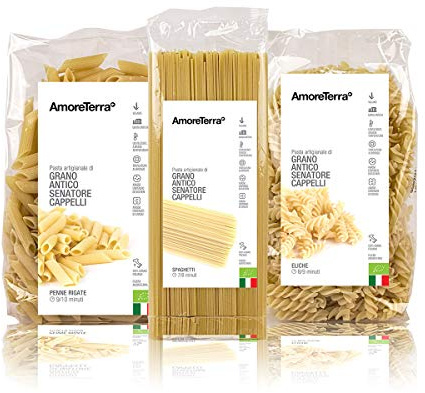 AmoreTerra (18 pz.) Pasta Senatore Cappelli Penne, Spaghetti ed Eliche Bio 500g, Grani antichi, artigianale biologica, trafila al bronzo, essiccata bassa temperatura
