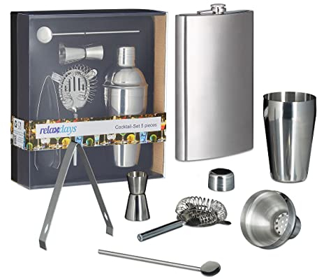 Relaxdays 6 TLG. Bar-Set XXL Edelstahl, Flachmann 1,8 l, Shaker, Barsieb, Messbecher, Cocktaillöffel, Eiswürfelzange, Cocktailset