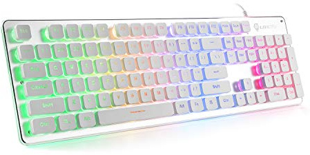 LANGTU Membrane Gaming Keyboard, Rainbow LED Backlit Quiet Keyboard for Office, USB Wired All-Metal Panel 25 Keys Anti-ghosting Computer Keyboard 104 Keys - L1 White/Silver
