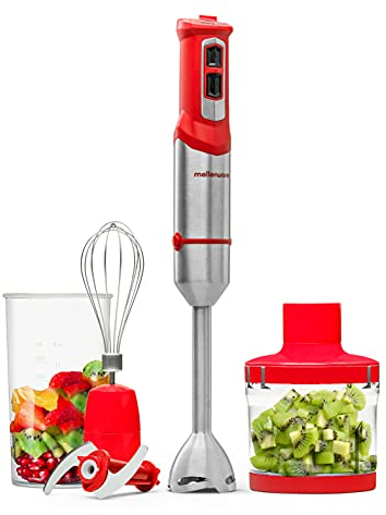 Mellerware - Frullatore a Immersione multifunzione Spiro! | 1000 W | Velocità regolabile + TURBO | Minipimer piccolo 3in1 | 4 lame | Acciaio Inossidabile | Tritaghiaccio | 3 accesori | Rosso